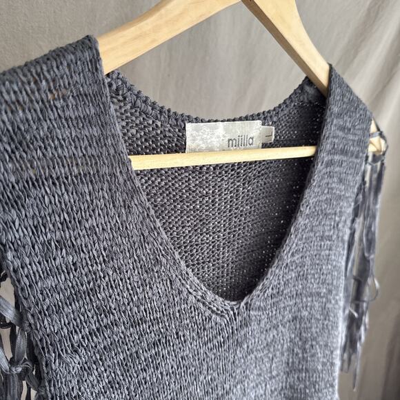 Miilla Knit Tunic Mini Dress Gray Boho Festival Chic Fringed Sleeves Women's L - Picture 6 of 12